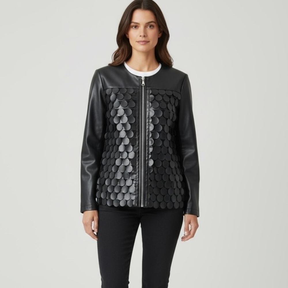 Linea Domani Black Faux Leather Jacket Size 4 | Statement Disc Detail Zip
